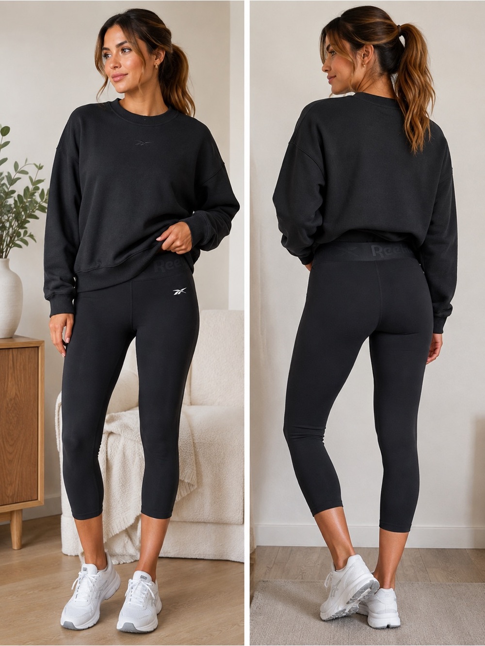Reebok Black Cropped Leggings and oversized Crew Sweatshirt